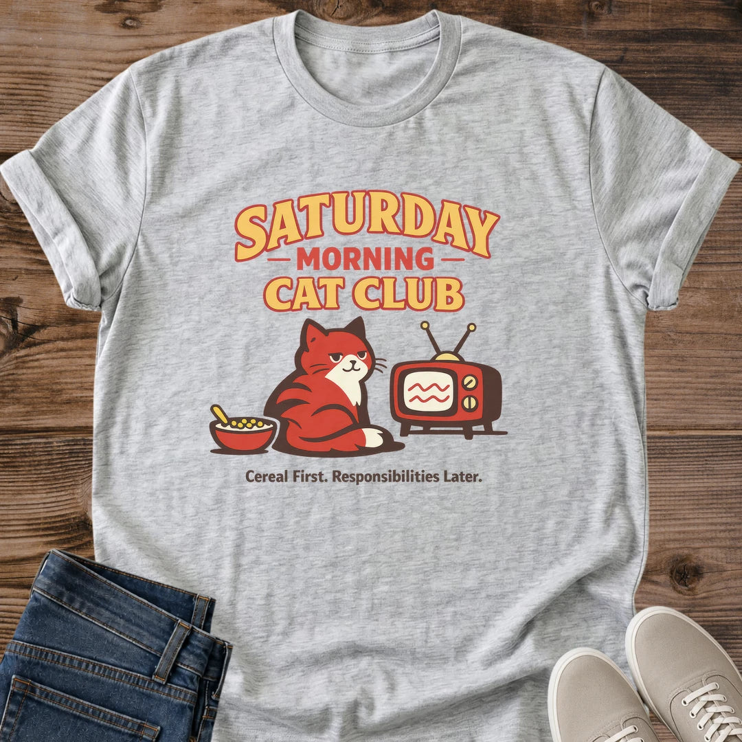 Vintage Graphic Tee Retro Cat Design Nostalgic Fashion Statement Saturday Morning Theme Cozy Weekend Wear Comfortable Casual Shirt Soft Cotton Blend Lightweight Fabric Cat Lover Apparel Unisex Fit Relaxed Style Bold Typography Design