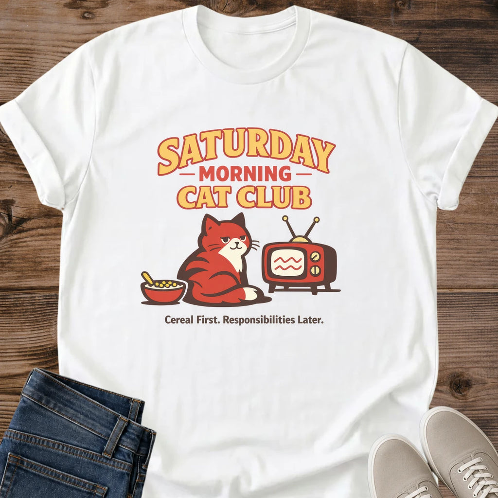 Saturday Morning Shirt Retro Cat Design Cozy Vintage Tee Nostalgic Graphic Apparel Comfortable Weekend Wear Casual Fashion Statement Soft Lightweight Cotton Cat Lover Gift Perfect Unisex Fit Relaxed Style Bold TV Theme Typography Cat Owner
