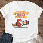 Saturday Morning Shirt Retro Cat Design Cozy Vintage Tee Nostalgic Graphic Apparel Comfortable Weekend Wear Casual Fashion Statement Soft Lightweight Cotton Cat Lover Gift Perfect Unisex Fit Relaxed Style Bold TV Theme Typography Cat Owner