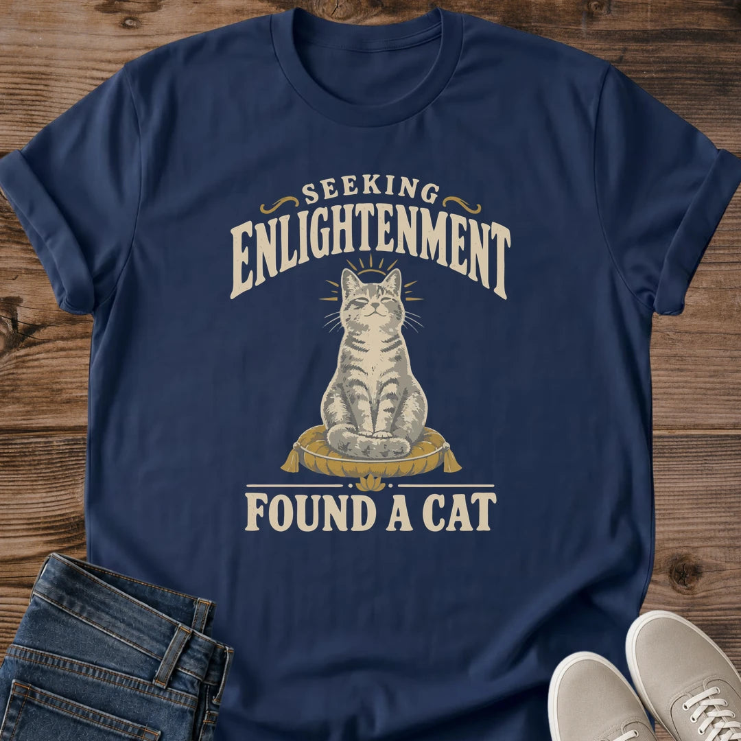 Funny Cat Shirt Vintage Style Graphic Tee Spiritual Humor Design Seeking Enlightenment Found Cat Message Perfect Cat Lover Gift Soft Cotton Fabric Comfortable Everyday Wear Dark Background Muted Tones Centered Illustration Quirky Statement