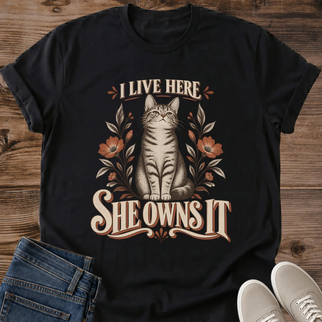 BlackVintage Cat Lover Tee I Live Here She Owns It Floral Design Cotton Cat Dad Gift Shirt Funny Aesthetic Softstyle Ring Spun Fabric Relaxed Retail Fit Casual Weekend Layering Statement Piece Everyday Wear For Home And Away
