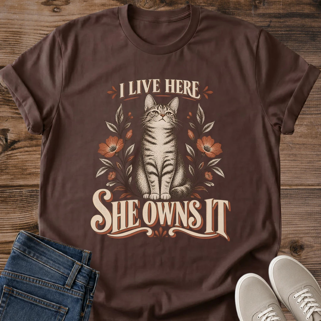 Funny Cat Graphic Tee I Live Here She Owns It Floral Print Vintage Aesthetic Cat Owner Shirt Gift For Cat Lovers Softstyle Cotton Comfortable Relaxed Fit Statement Piece Everyday Casual Wear Apparel Gift Idea For All