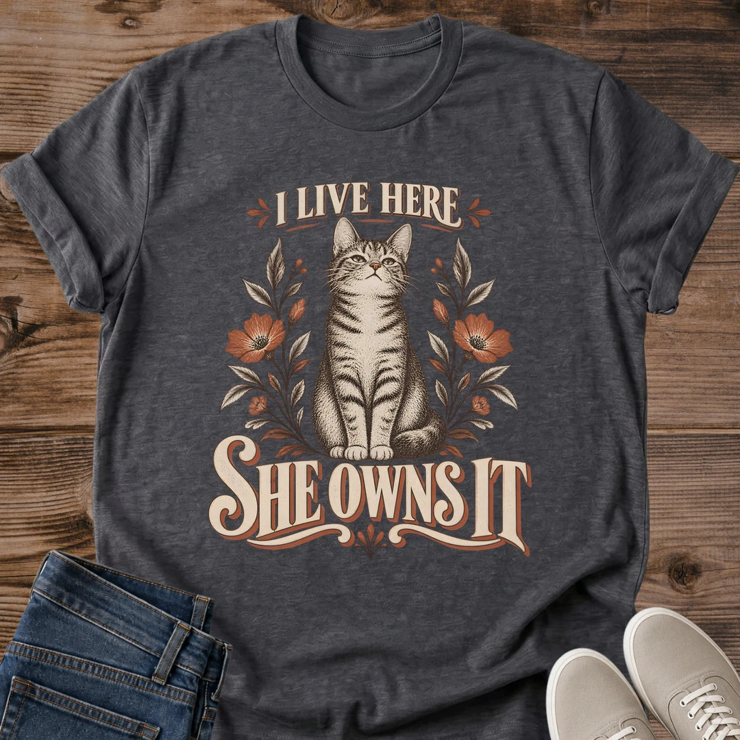 She Owns It Cat Tee I Live Here Floral Design Funny Cat Lover Gift For Her Softstyle Cotton Comfortable Relaxed Fit Casual Weekend Wear Vintage Print Cat Mom Statement Apparel Everyday Layering Piece For Fun