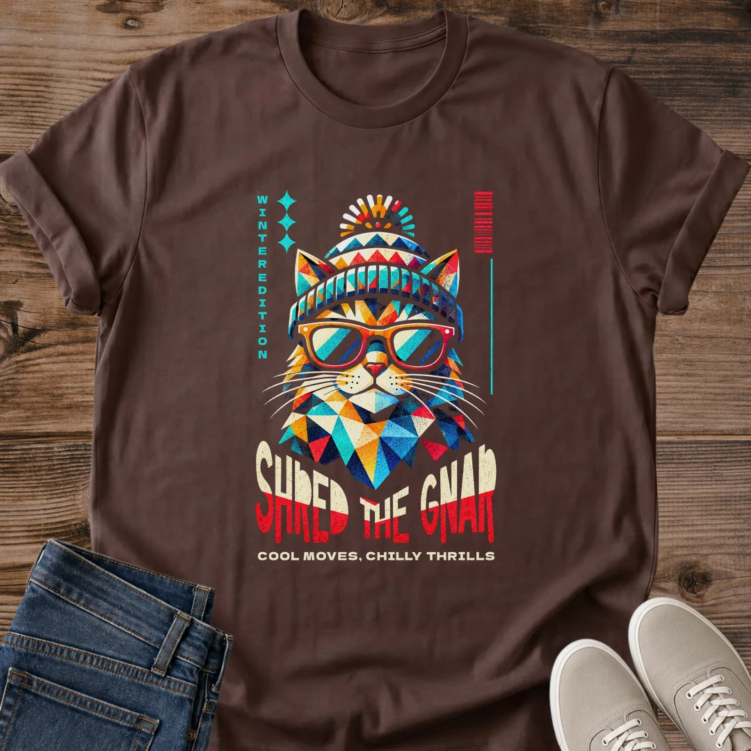 Snowboarding Cat Shirt Shred The Gnar Funny Tee Hand Designed Prism Cat Face With Winter Hat Vibrant Graphic Cat Owner Shirt Gift For Cat Lovers Powder Day Tee Ski Bum Shirt Winter Edition Unisex Ringspun Cotton Shirt Cat Whisker Co
