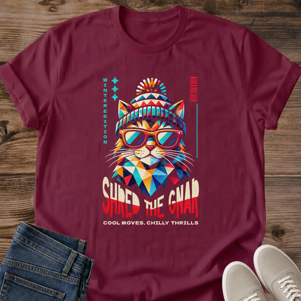 Ski Cat Shirt Shred The Gnar Tee Cool Cat With Pom Beanie And Sunglasses Low Poly Illustration Bold Retro Lettering Snowboarder Gift Cat Owner Gift For Her Cat Dad Tee Ski Trip Shirt Soft Cotton Unisex Shirt Cat Whisker Co