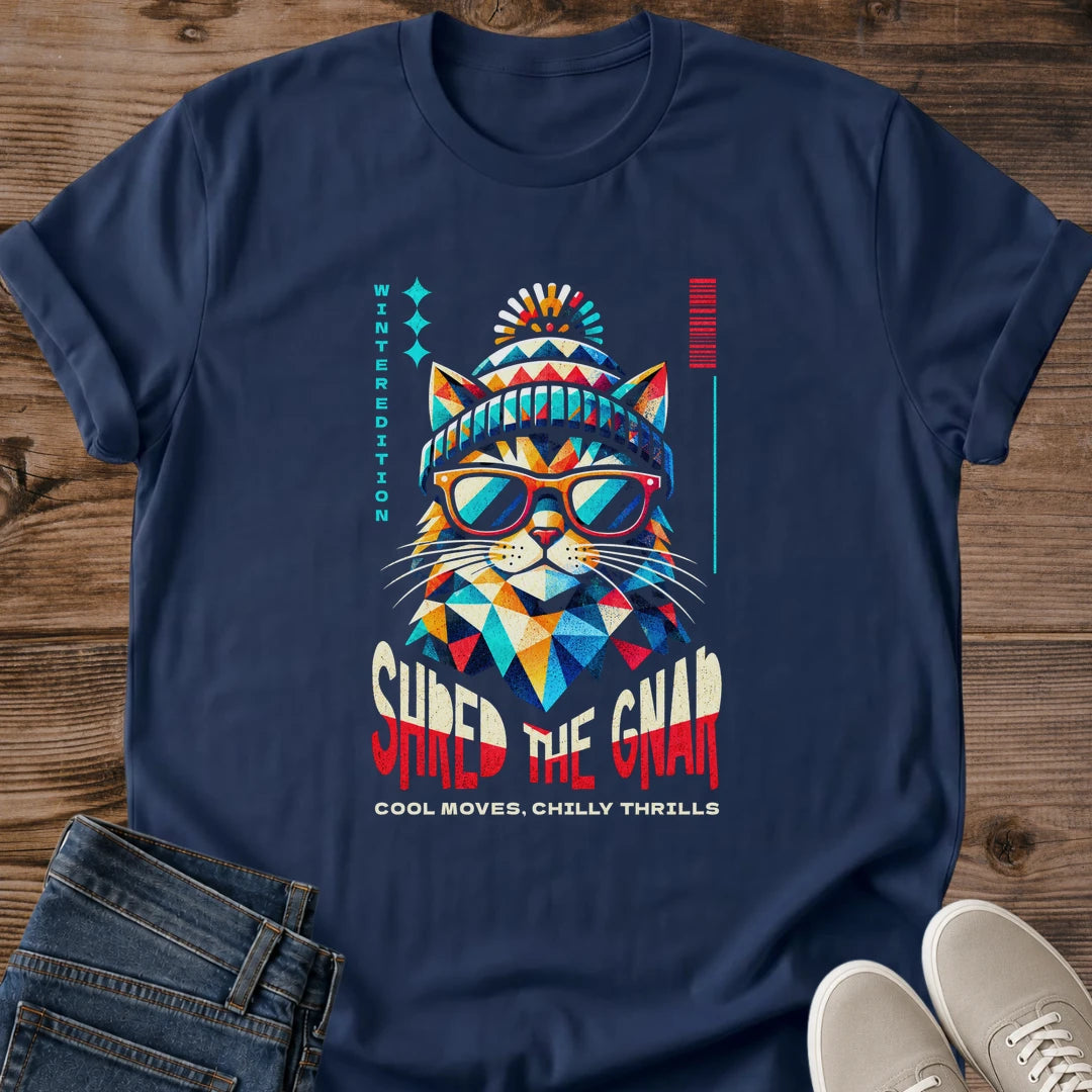 Snowboarder Gift Shred The Gnar Cat Shirt Winter Sports Cat Tee Colorful Geometric Cat Graphic Christmas Gift For Skier Birthday Gift For Cat Owner Ski Lodge Shirt Cat Person Tee Mountain Lover Gift Gildan Softstyle Cotton Tee Cat Whisker Co