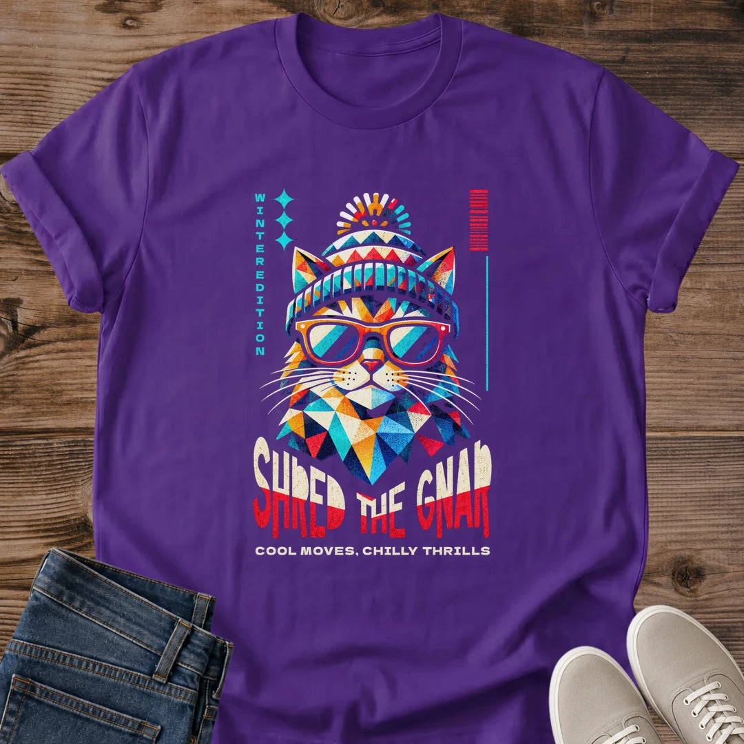 Winter Cat Shirt Shred The Gnar Cat Mom Tee Snowboarding Cat Gift Retro Geometric Cat Design Cat Shirt For Women And Men Cat Dad Gift Holiday Gift For Snowboarder Cool Cat Tee Chilly Thrills Soft Cotton Unisex Tee Cat Whisker Co