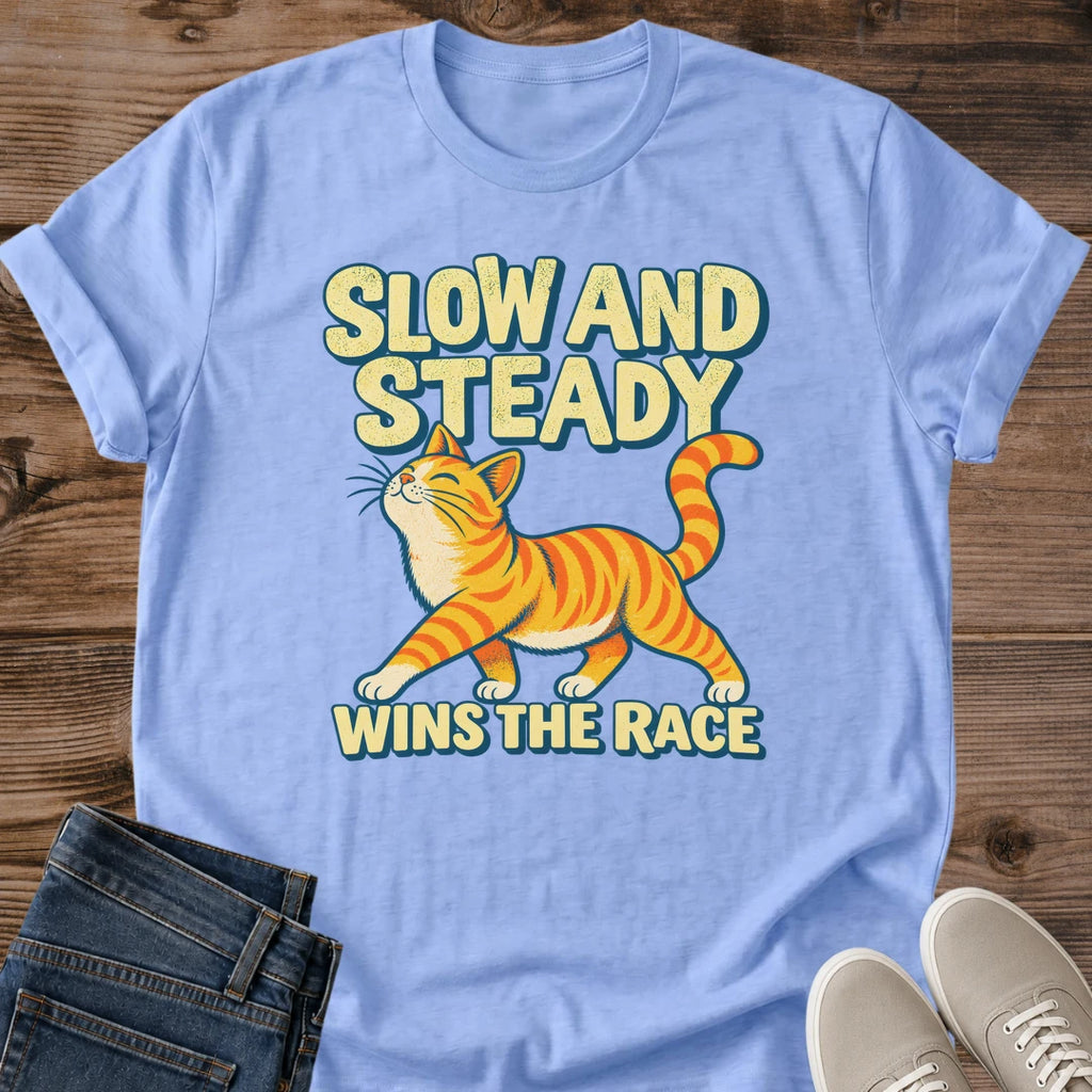Orange Tabby Shirt Slow And Steady Cat Mom Tee Funny Orange Cat Energy Gift Retro Cartoon Cat Design Cat Humor Shirt For Women And Men Cat Dad Gift Holiday Gift For Cat Owner Slow Walker Tee Soft Cotton Unisex Tee Cat Whisker Co