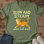 Ginger Cat Shirt Slow And Steady Wins The Race Funny Motivational Tee Cartoon Orange Tabby Walking Proudly Retro Yellow Text Graphic Cat Owner Shirt Gift For Cat Lovers Positive Pace Tee Unisex Ringspun Cotton Shirt Cat Whisker Co