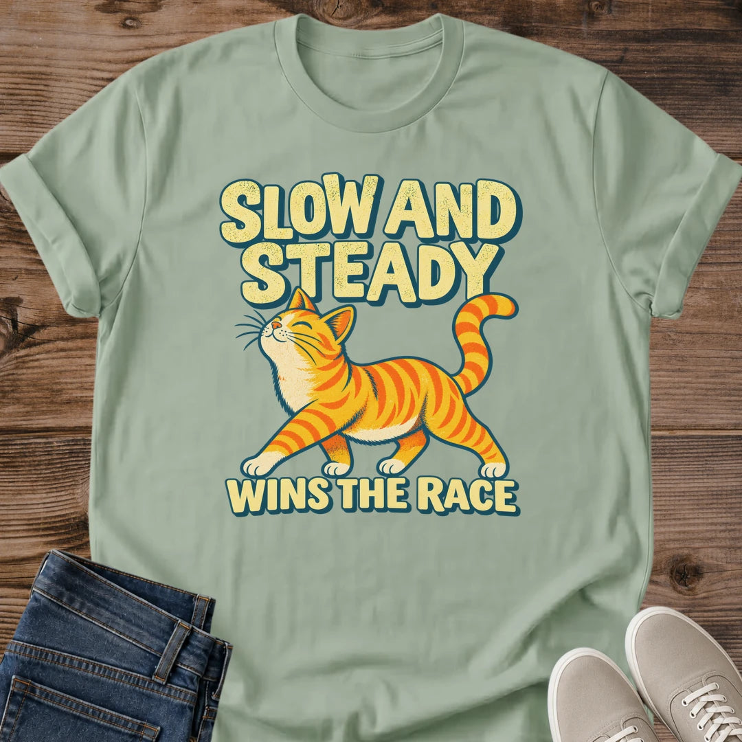 Ginger Cat Shirt Slow And Steady Wins The Race Funny Motivational Tee Cartoon Orange Tabby Walking Proudly Retro Yellow Text Graphic Cat Owner Shirt Gift For Cat Lovers Positive Pace Tee Unisex Ringspun Cotton Shirt Cat Whisker Co