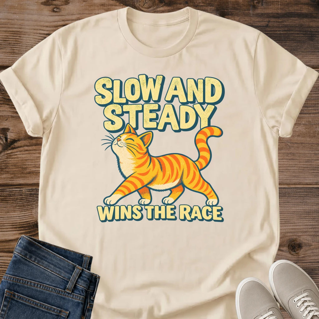 Orange Cat Shirt Slow And Steady Tee Confident Ginger Tabby Strutting Illustration Bold Yellow Retro Lettering Motivational Cat Shirt Cat Owner Gift For Her Cat Dad Tee Orange Tabby Lover Gift Soft Cotton Unisex Shirt Cat Whisker Co