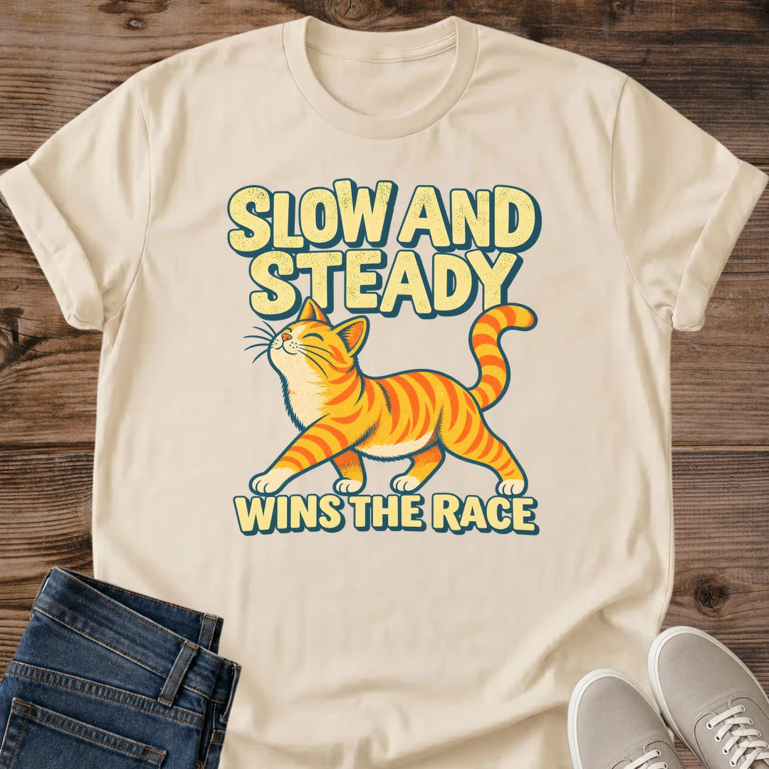 Orange Cat Shirt Slow And Steady Tee Confident Ginger Tabby Strutting Illustration Bold Yellow Retro Lettering Motivational Cat Shirt Cat Owner Gift For Her Cat Dad Tee Orange Tabby Lover Gift Soft Cotton Unisex Shirt Cat Whisker Co