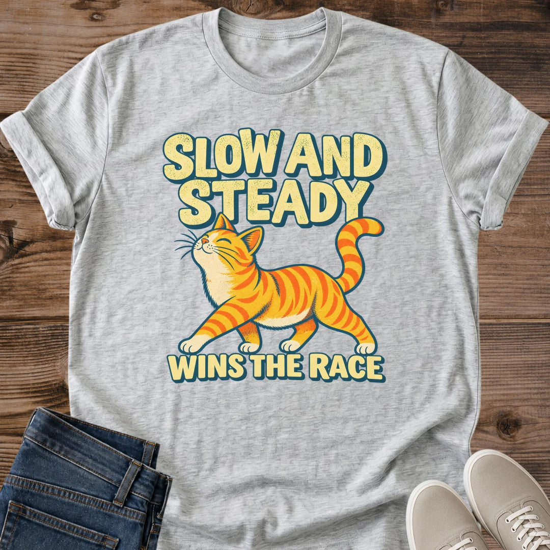 Orange Cat Shirt Slow And Steady Tee Confident Ginger Tabby Strutting Illustration Bold Yellow Retro Lettering Motivational Cat Shirt Cat Owner Gift For Her Cat Dad Tee Orange Tabby Lover Gift Soft Cotton Unisex Shirt Cat Whisker Co