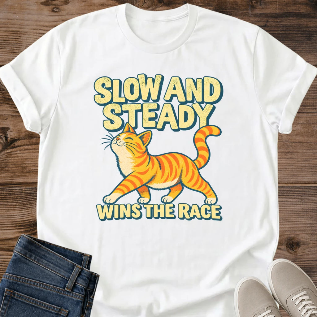 Slow And Steady Wins The Race Cat Shirt White Orange Tabby Cat Tee Funny Ginger Cat Graphic Retro Cartoon Cat Shirt Orange Cat Energy Tee Slow Runner Gift Cat Lover Gift Cat Mom Shirt Gildan 64000 Softstyle Unisex Cat Whisker Co