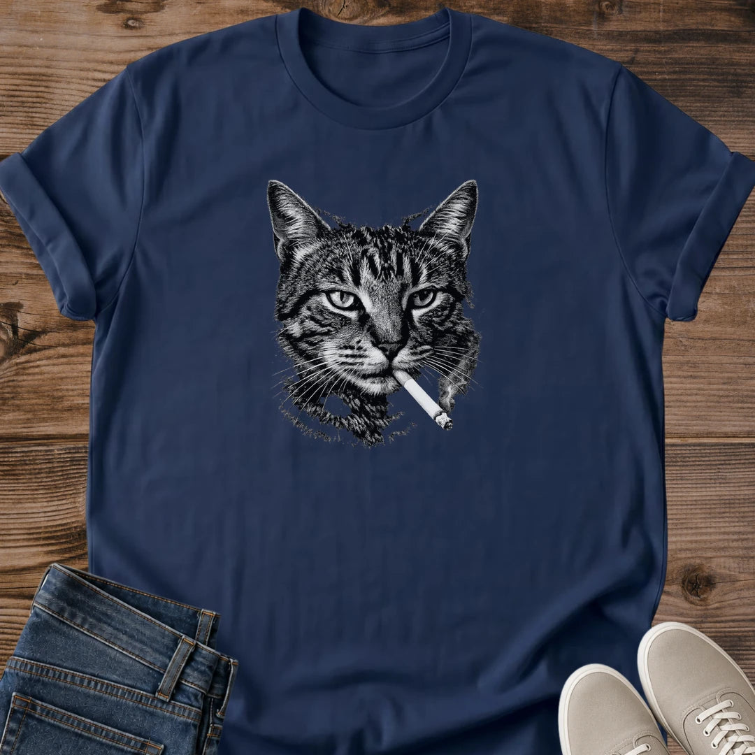 Vintage Cat Graphic Tee Retro Tabby Design Soft Cotton Shirt Quirky Animal Portrait Casual Streetwear Style Edgy Feline Art Lightweight Fabric Comfortable Fit Novelty Gift Idea Unique Character Design Sarcastic Humor Statement Piece