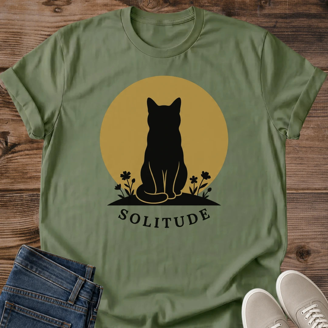Minimalist Aesthetic Shirt Cat Silhouette Graphic Tee Lightweight Cotton Fabric Everyday Casual Wear Style Comfortable Daily Outfit Essential Nature Inspired Design Detail Sun Circle Wildflower Pattern Versatile Layering Piece Perfect Cat