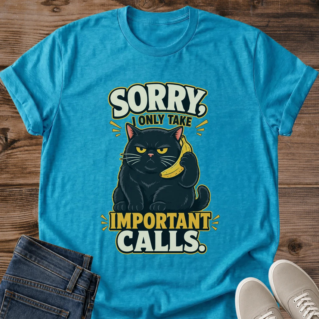 Graphic Tee Funny Cat Design Sarcastic Humor Shirt Black Cat Banana Phone Important Calls Message Cat Lover Gift Casual Wear Novelty Apparel Conversation Starter Fashion Deadpan Humor Design Cat Owner Present Minimalist Graphic Everyday