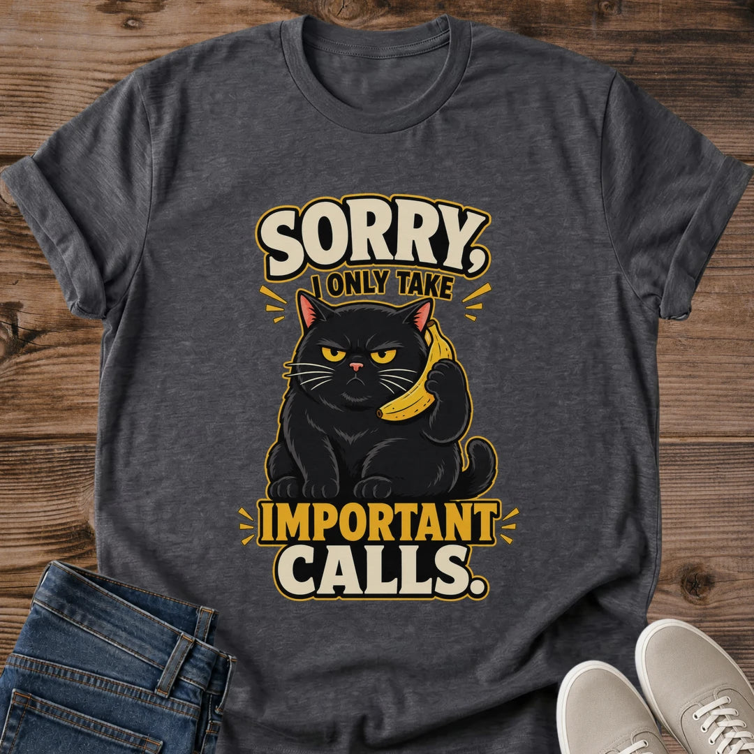 Cat Lover Gift Funny Shirt Sarcastic Tee Black Cat Graphic Banana Phone Design Important Calls Slogan Humor Apparel Casual Everyday Wear Conversation Starter Shirt Cat Owner Present Novelty Fashion Deadpan Expression Design Minimalist