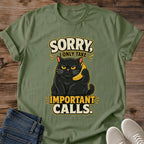 Novelty Cat Shirt Funny Graphic Tee Sarcastic Humor Design Black Cat Banana Phone Important Calls Slogan Cat Lover Gift Perfect Present Casual Everyday Wear Conversation Piece Apparel Deadpan Expression Cat Owner Gift Minimalist Design