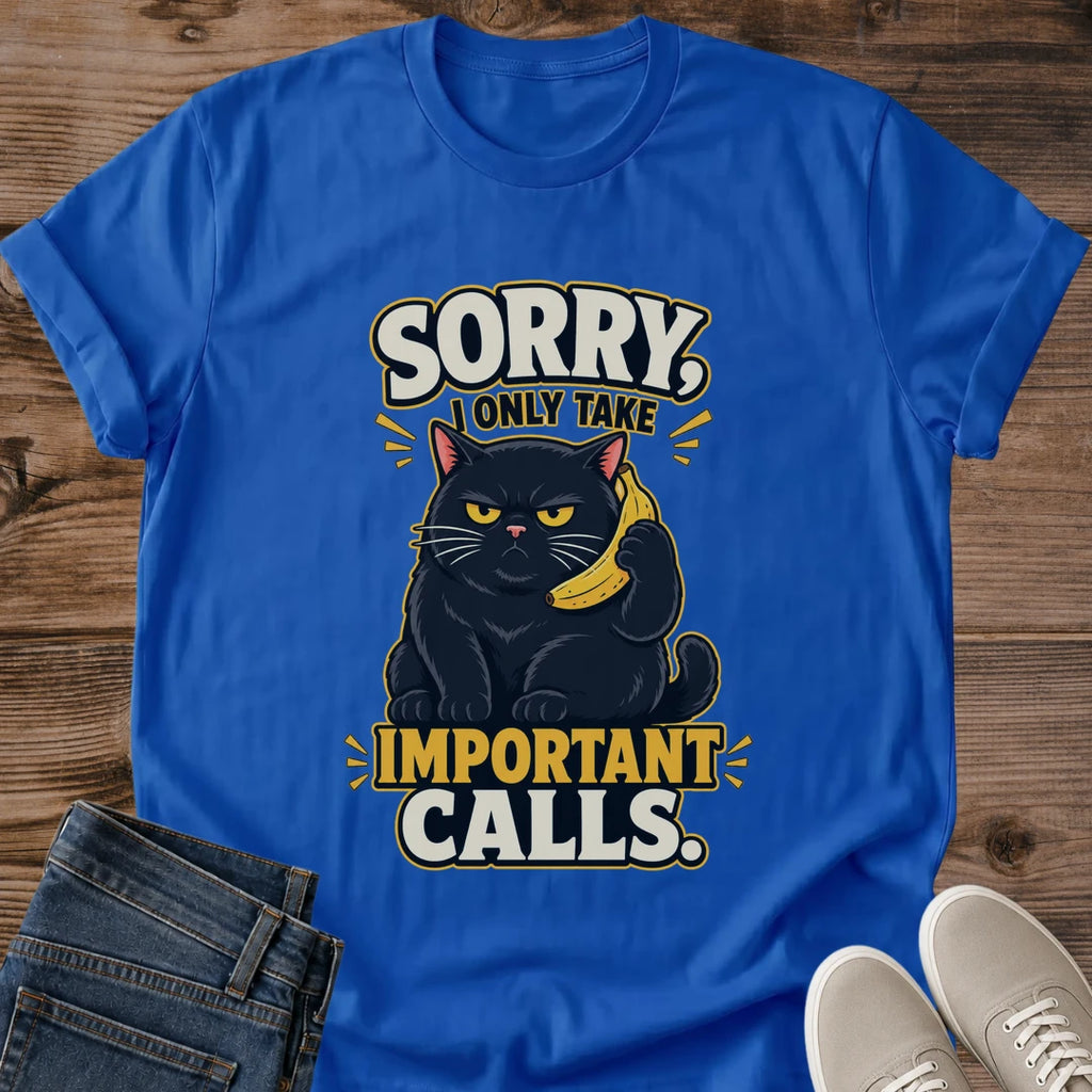 Sarcastic Cat Tee Funny Graphic Shirt Black Cat Banana Phone Design Important Calls Message Humor Enthusiast Gift Cat Lover Apparel Casual Wear Conversation Piece Novelty Shirt Deadpan Humor Design Minimalist Cat Graphic Everyday Fashion