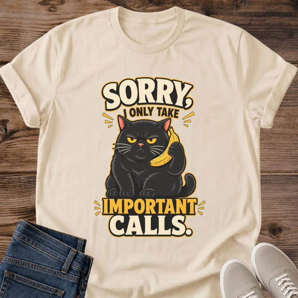 Funny Cat Shirt Sarcastic Humor Tee Black Cat Holding Banana Phone Important Calls Slogan Graphic Design Cat Lover Gift Perfect Present Casual Wear Everyday Fashion Novelty Apparel Conversation Starter Shirt Deadpan Expression Design