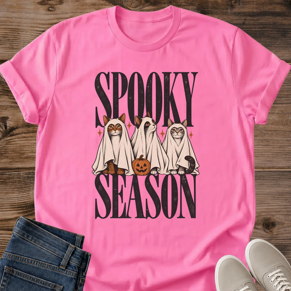 Halloween Cat Shirt Spooky Season Ghost Costume Cats Graphic Tee Gift Idea Ring Spun Cotton Soft Breathable Fabric Relaxed Unisex Fit Vintage Print Design Cat Person Apparel Casual Everyday Wear Statement Piece Great Gift