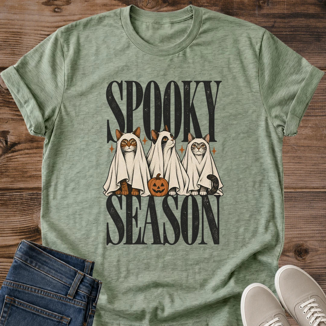 Spooky Season Cat Shirt Ghost Costume Cats Pumpkin Tee Halloween Cat Lover Gift Idea Softstyle Ring Spun Cotton Relaxed Fit Everyday Casual Wear Vintage Print Cat Owner Apparel Statement Piece Lightweight Layering For Fall
