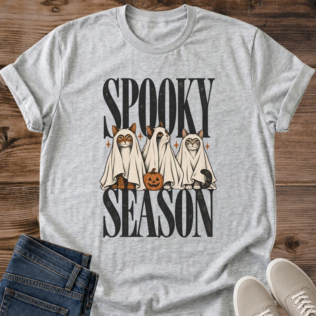 Spooky Season Cat Shirt Ghost Costume Cats Pumpkin Tee Halloween Cat Lover Gift Idea Softstyle Ring Spun Cotton Relaxed Fit Everyday Casual Wear Vintage Print Cat Owner Apparel Statement Piece Lightweight Layering For Fall