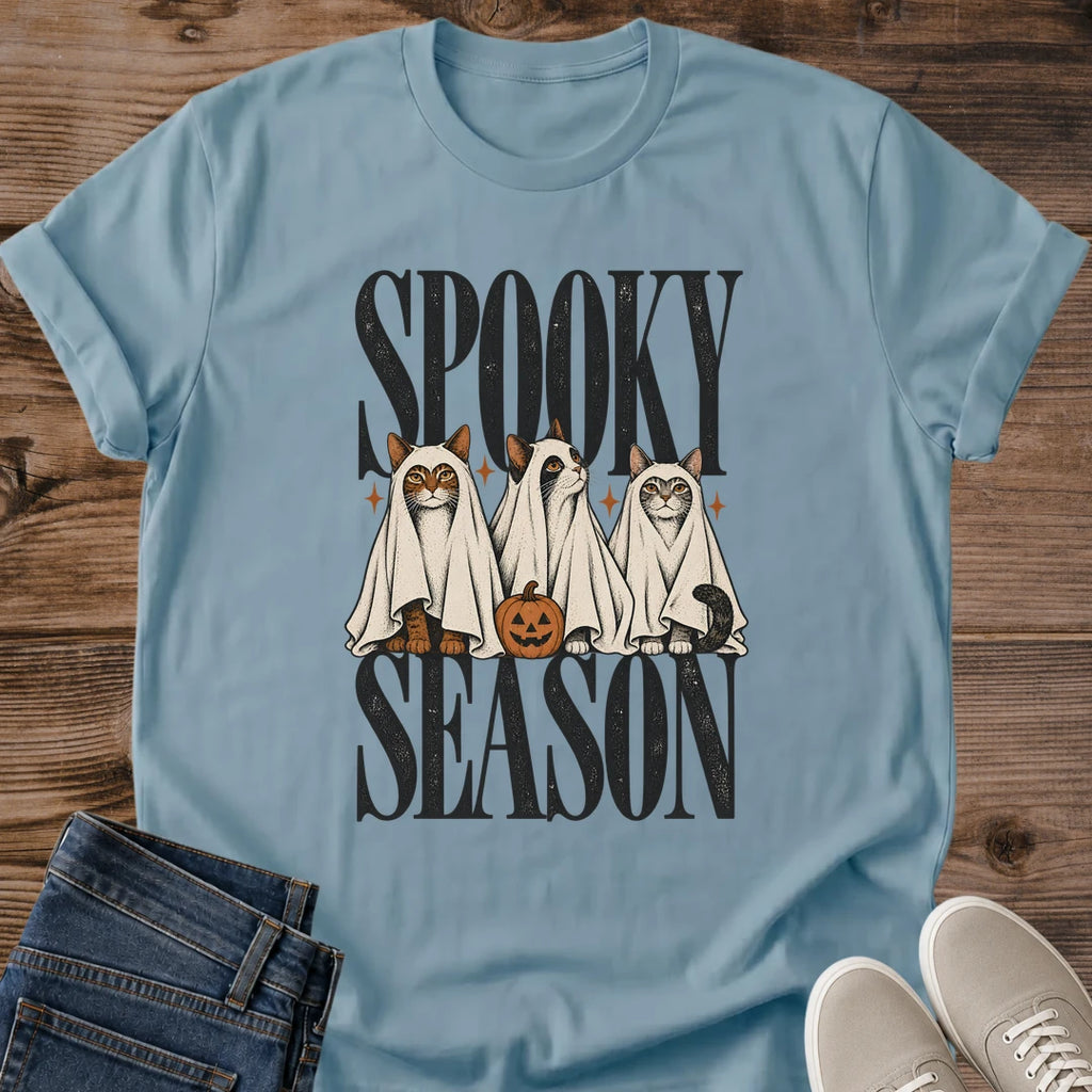Halloween Cat Shirt Spooky Season Ghost Costume Cats Graphic Tee Gift Idea Ring Spun Cotton Soft Breathable Fabric Relaxed Unisex Fit Vintage Print Design Cat Person Apparel Casual Everyday Wear Statement Piece Great Gift