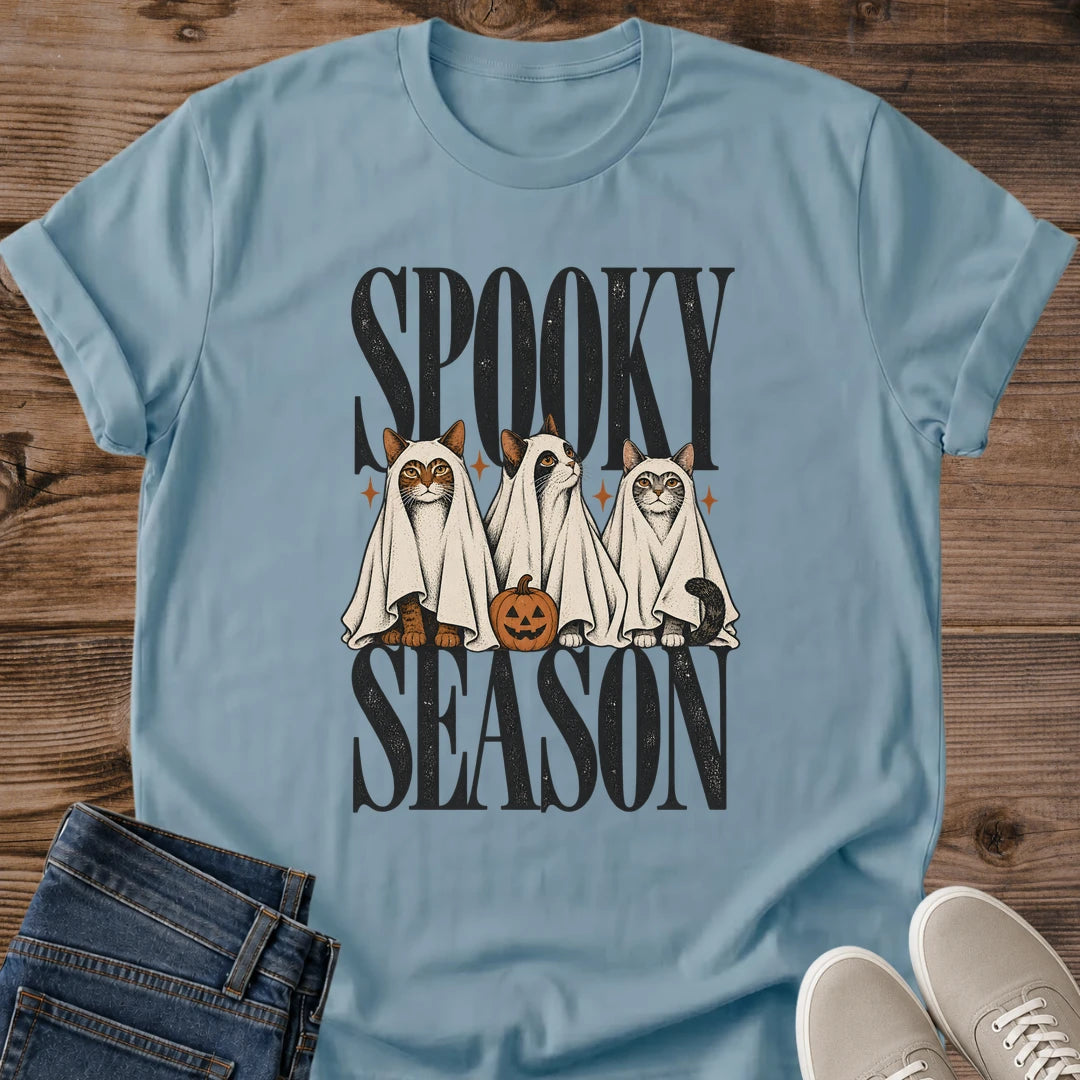 Halloween Cat Shirt Spooky Season Ghost Costume Cats Graphic Tee Gift Idea Ring Spun Cotton Soft Breathable Fabric Relaxed Unisex Fit Vintage Print Design Cat Person Apparel Casual Everyday Wear Statement Piece Great Gift