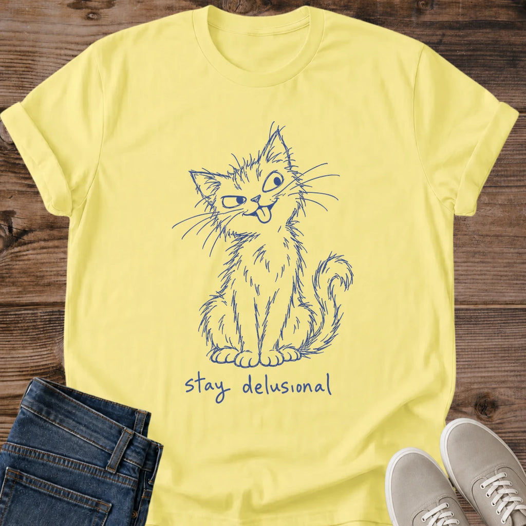 Cornsilk pale yellow Stay Delusional Cat Sketch T-Shirt, a Gildan 64000 unisex crewneck with rolled short sleeves. Navy blue sketch shows a shaggy seated cat with a tilted head, pointed ears, long whiskers, tongue sticking out and curled upright tail, above handwritten "stay delusional" lettering. Front flat lay on rustic brown wood planks, with folded dark blue jeans at lower left and light gray lace-up sneakers at lower right.