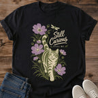 Cat Graphic Tee Botanical Illustration Design Soft Cotton Shirt Artistic Nature Inspired Print Curious Cat Peeking Through Hand Drawn Foliage Pattern Perfect Cat Owner Gift Comfortable Casual Wear Lightweight Breathable Fabric Everyday