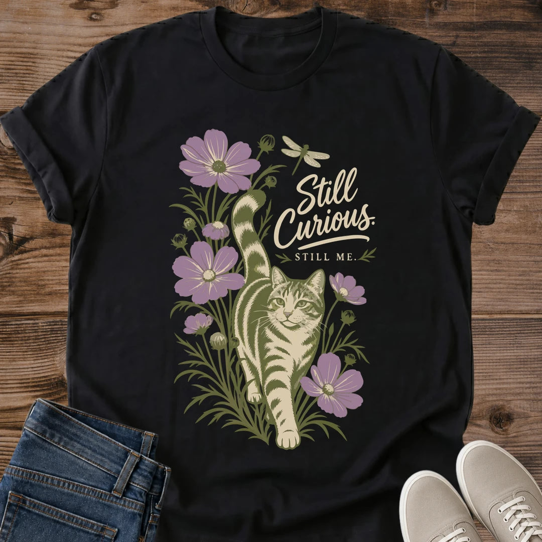 Cat Graphic Tee Botanical Illustration Design Soft Cotton Shirt Artistic Nature Inspired Print Curious Cat Peeking Through Hand Drawn Foliage Pattern Perfect Cat Owner Gift Comfortable Casual Wear Lightweight Breathable Fabric Everyday