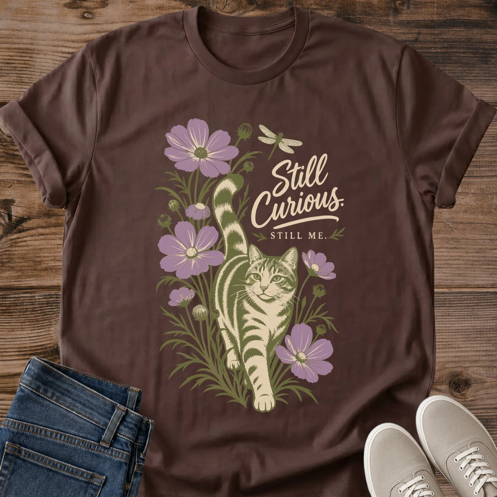 Botanical Cat Graphic Tee Nature Inspired Artistic Design Soft Cotton Casual Shirt Curious Cat Peeking Through Hand Drawn Plants Comfortable Everyday Wear Lightweight Breathable Fabric Muted Botanical Illustration Handwritten Typography