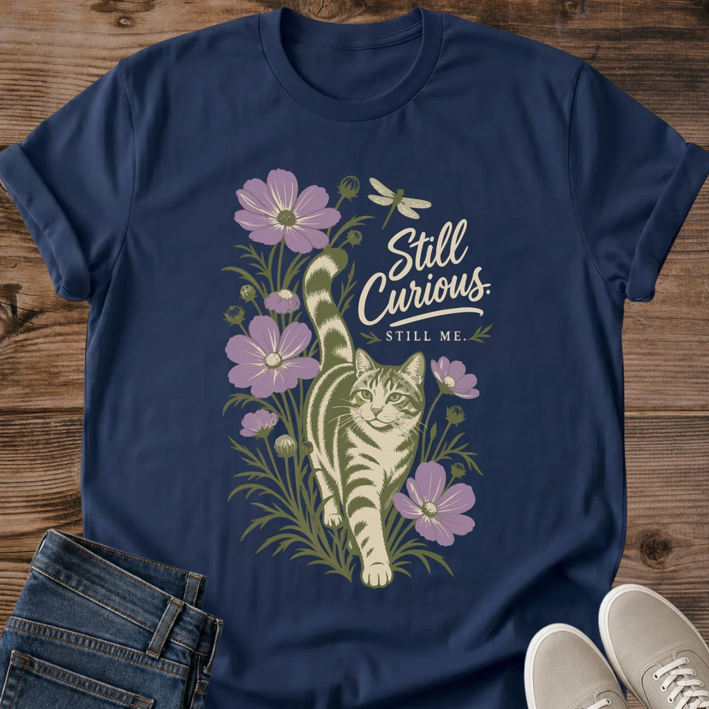 Soft Cotton Cat Shirt Comfortable Casual Tee Botanical Nature Design Artistic Hand Drawn Illustration Curious Cat Print Lightweight Breathable Fabric Perfect Everyday Wear Layering Essential Piece Muted Botanical Artwork Handwritten