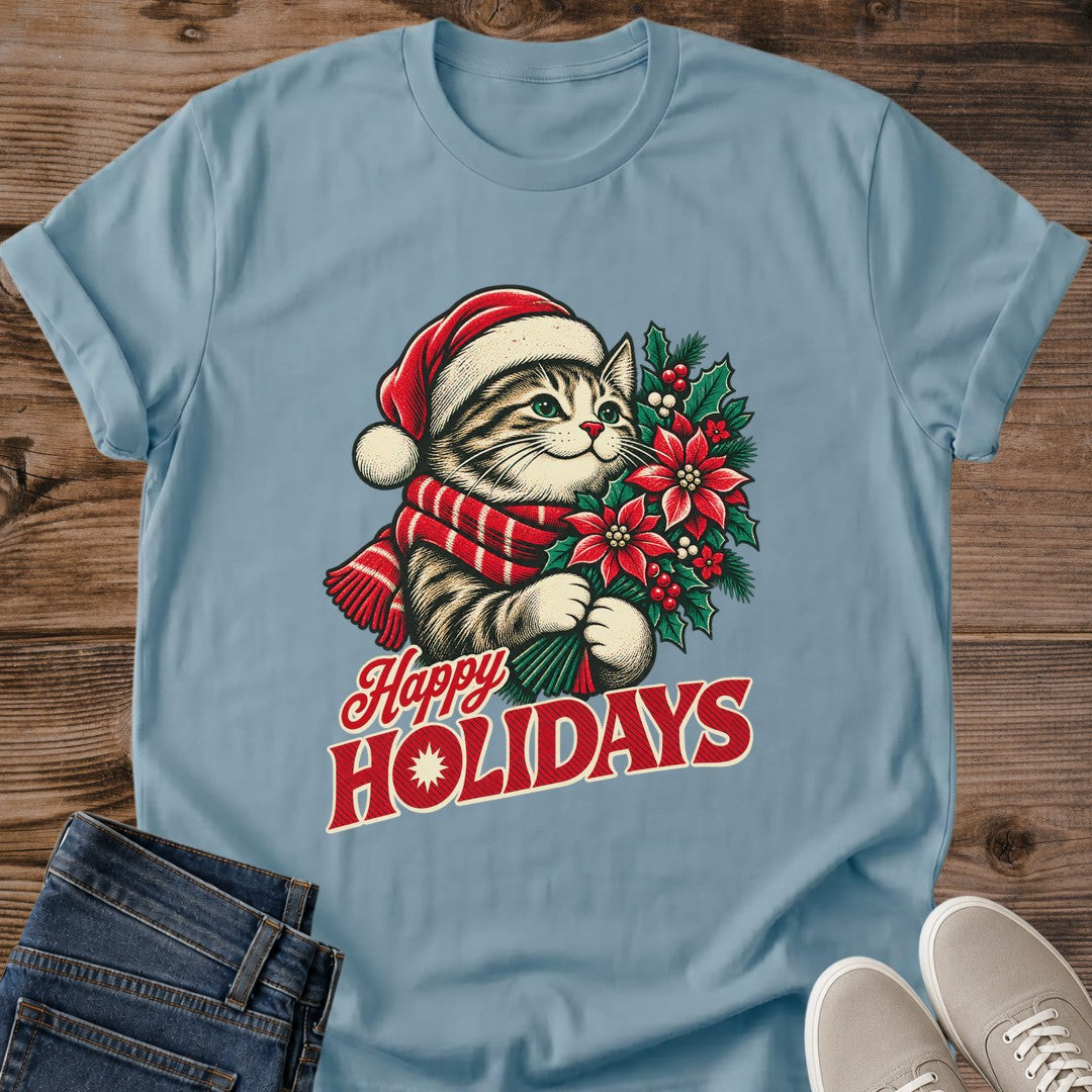 Stone blue Happy Holidays cat lover Christmas T-shirt, festive short-sleeve graphic tee