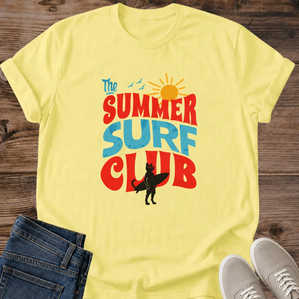 Vintage Retro Groovy Cat Graphic Design Summer Surf Club Theme Tshirt Collection Bold Oversized Typography Statement Piece Apparel Bright Color Options Yellow Blue Green Natural Cat Lover Novelty Gift Present Birthday Beach Casual Wear