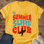 Retro Groovy Cat Design Vintage Surf Club Theme Tshirt Bold Typography Style Summer Beach Vibes Casual Wear Collection Perfect Cat Lover Present Novelty Gift Oversized Graphic Design Statement Piece Apparel Bright Color Options Available