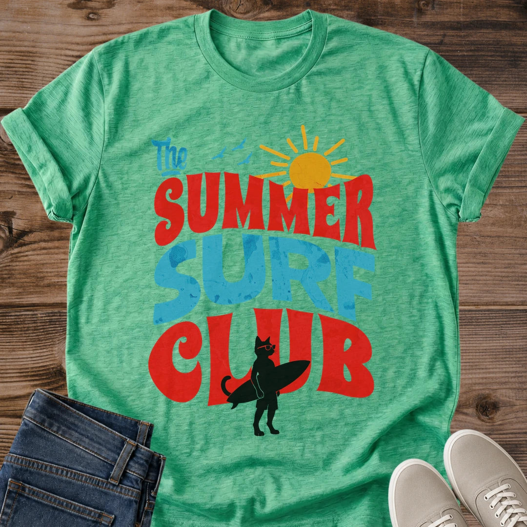 Cat Lover Gift Tshirt Groovy Retro Summer Surf Club Theme Vintage Style Bold Oversized Typography Graphic Design Collection Bright Color Choices Available Beach Vibes Casual Summer Wear Vacation Outfit Essential Perfect Novelty Present Cat