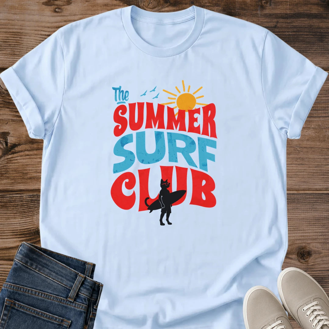 Summer Surf Club Cat Tshirt Retro Groovy Vintage Design Bold Graphic Tee Oversized Typography Statement Piece Collection Beach Casual Wear Vacation Outfit Essential Perfect Novelty Gift Cat Lover Present Bright Bold Color Choices Available