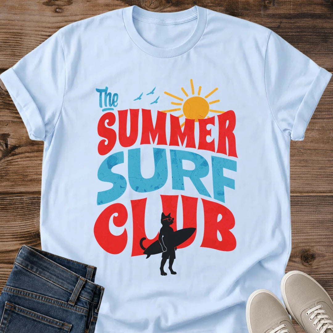 Summer Surf Club Cat Tshirt Retro Groovy Vintage Design Bold Graphic Tee Oversized Typography Statement Piece Collection Beach Casual Wear Vacation Outfit Essential Perfect Novelty Gift Cat Lover Present Bright Bold Color Choices Available