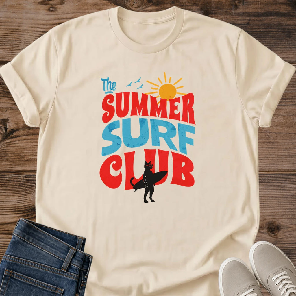 Cat Lover Gift Tshirt Groovy Retro Summer Surf Club Theme Vintage Style Bold Oversized Typography Graphic Design Collection Bright Color Choices Available Beach Vibes Casual Summer Wear Vacation Outfit Essential Perfect Novelty Present Cat