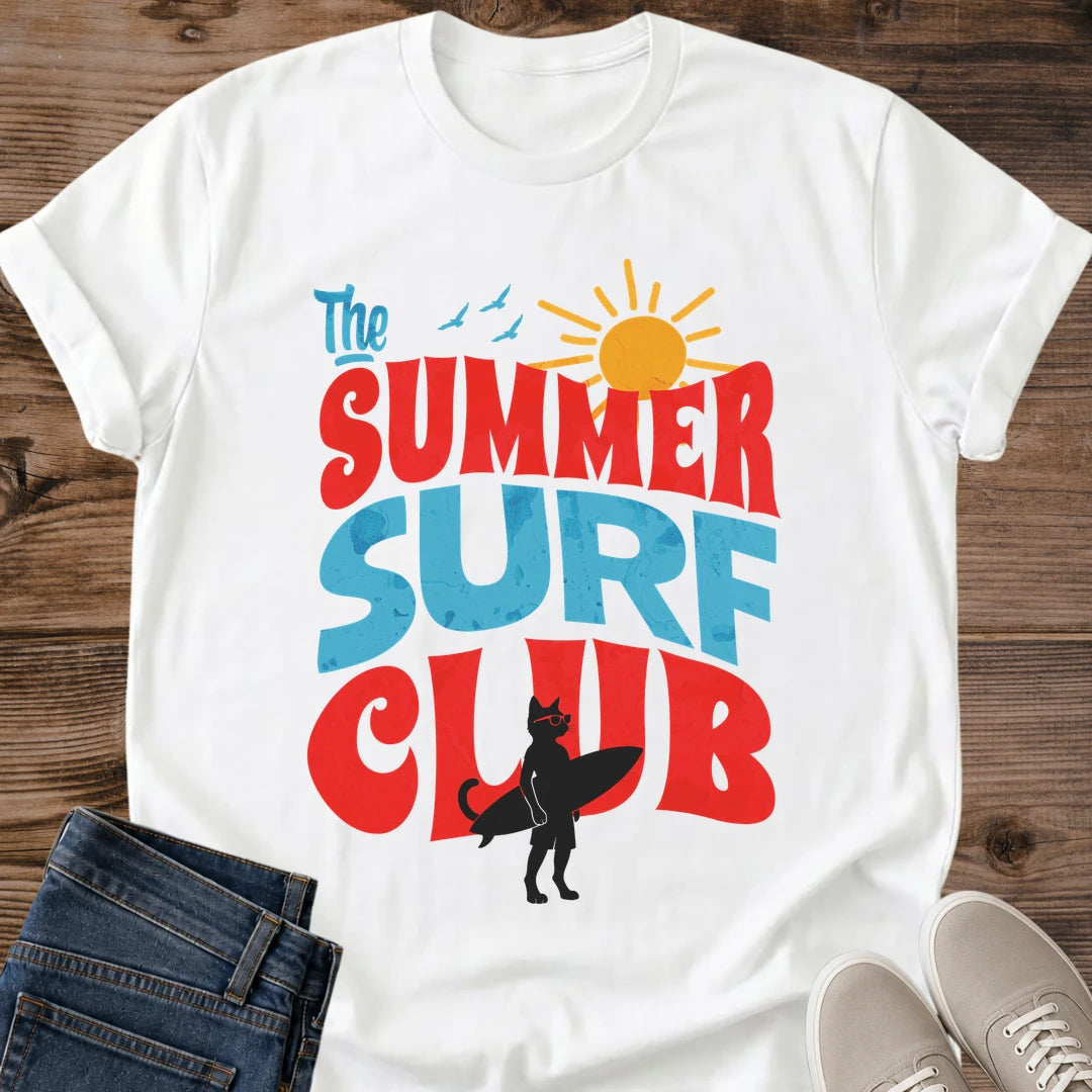 Vintage Retro Groovy Cat Graphic Design Summer Surf Club Theme Tshirt Collection Bold Oversized Typography Statement Piece Apparel Bright Color Options Yellow Blue Green Natural Cat Lover Novelty Gift Present Birthday Beach Casual Wear