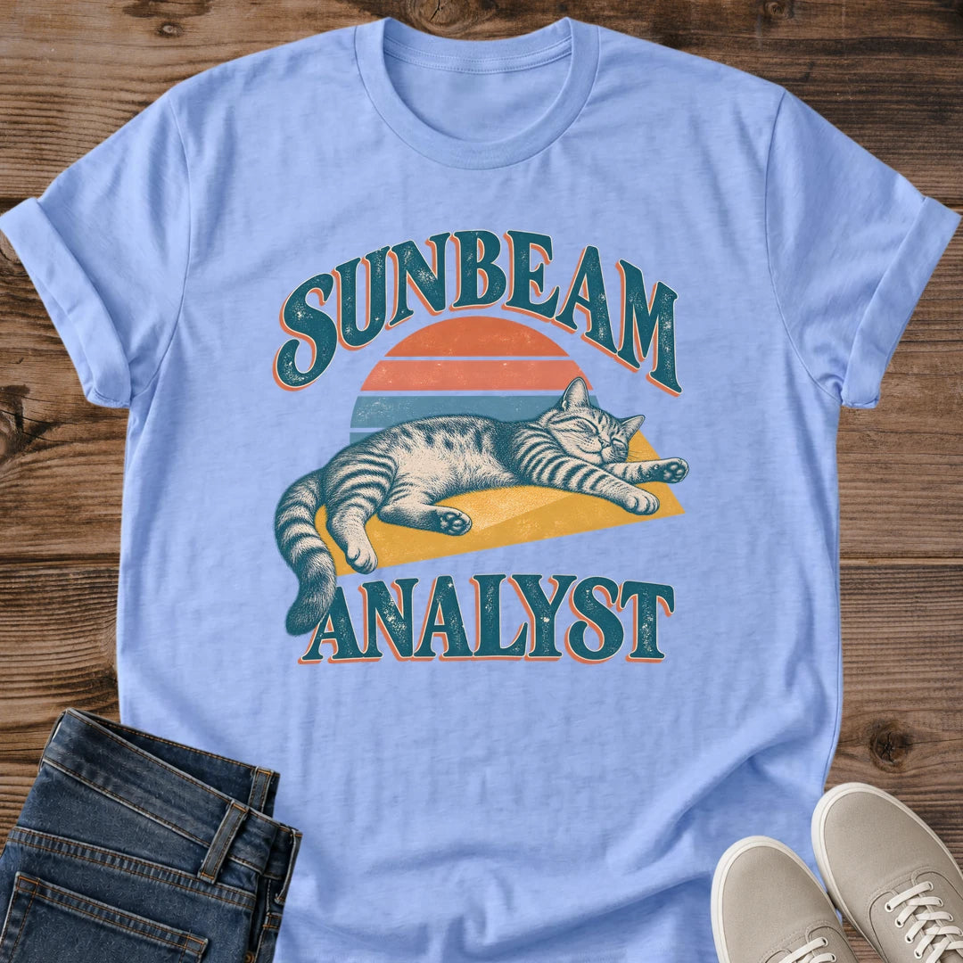 Napping Cat Shirt Sunbeam Analyst Tee Sleepy Tabby Cat Sunbathing Illustration Retro Sunset Stripes Graphic Funny Cat Job Title Shirt Cat Owner Gift For Her Cat Dad Shirt Nap Lover Tee Soft Cotton Unisex Shirt Cat Whisker Co