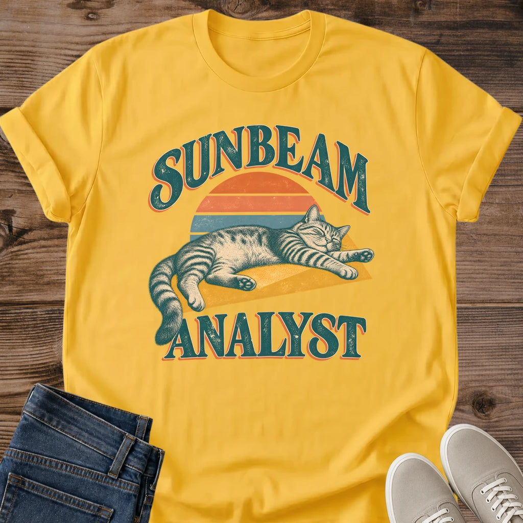 Sunbeam Analyst Funny Cat Shirt Gold Retro Sunset Cat Tee Tabby Cat Napping In Sunbeam Graphic Vintage 70s Style Cat Shirt Lazy Cat Humor Tee Cat Lover Gift Gift For Her Cat Mom Shirt Gildan 64000 Softstyle Unisex Cat Whisker Co