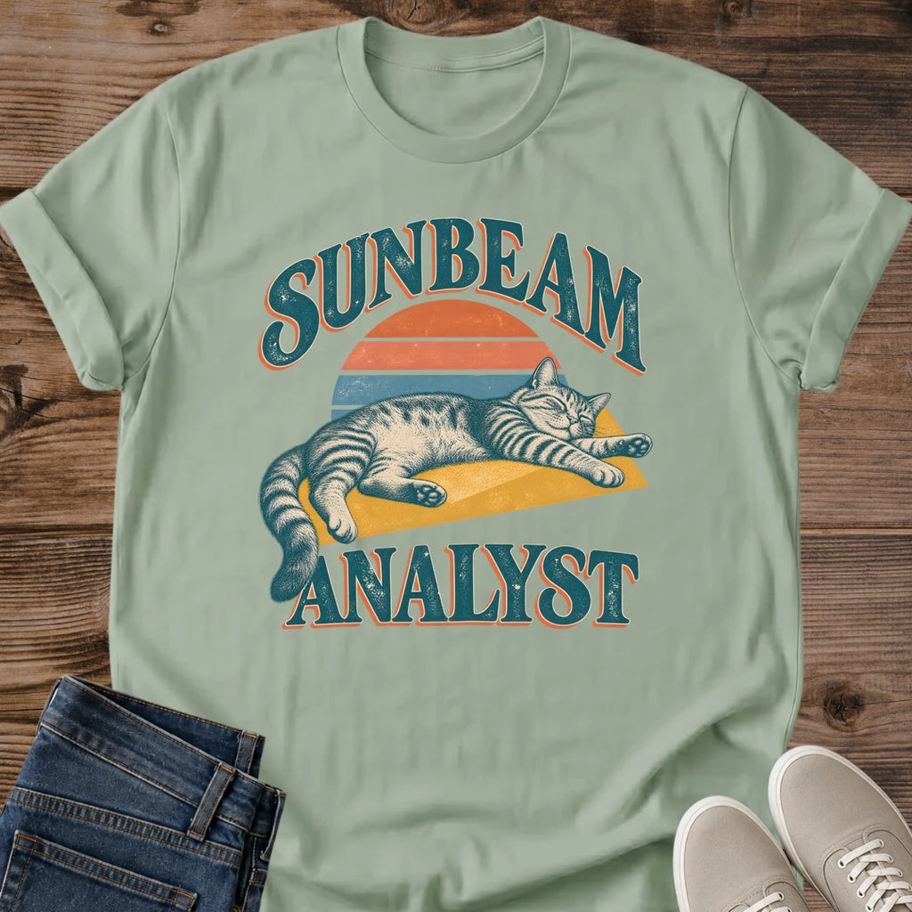 Sunbeam Cat Shirt Sunbeam Analyst Funny Cat Quote Tee Vintage Tabby Cat Sleeping In Sunlight Retro 70s Sunset Design Lazy Sunday Cat Shirt Cat Owner Tee Gift For Cat Lovers Retro Cat Graphic Unisex Ringspun Cotton Shirt Cat Whisker Co