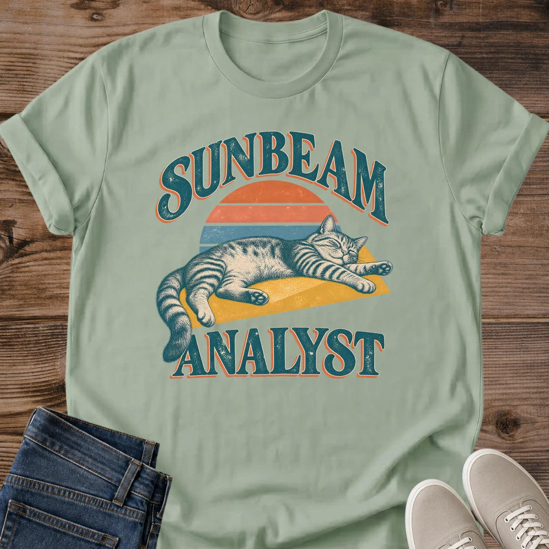 Sunbeam Cat Shirt Sunbeam Analyst Funny Cat Quote Tee Vintage Tabby Cat Sleeping In Sunlight Retro 70s Sunset Design Lazy Sunday Cat Shirt Cat Owner Tee Gift For Cat Lovers Retro Cat Graphic Unisex Ringspun Cotton Shirt Cat Whisker Co