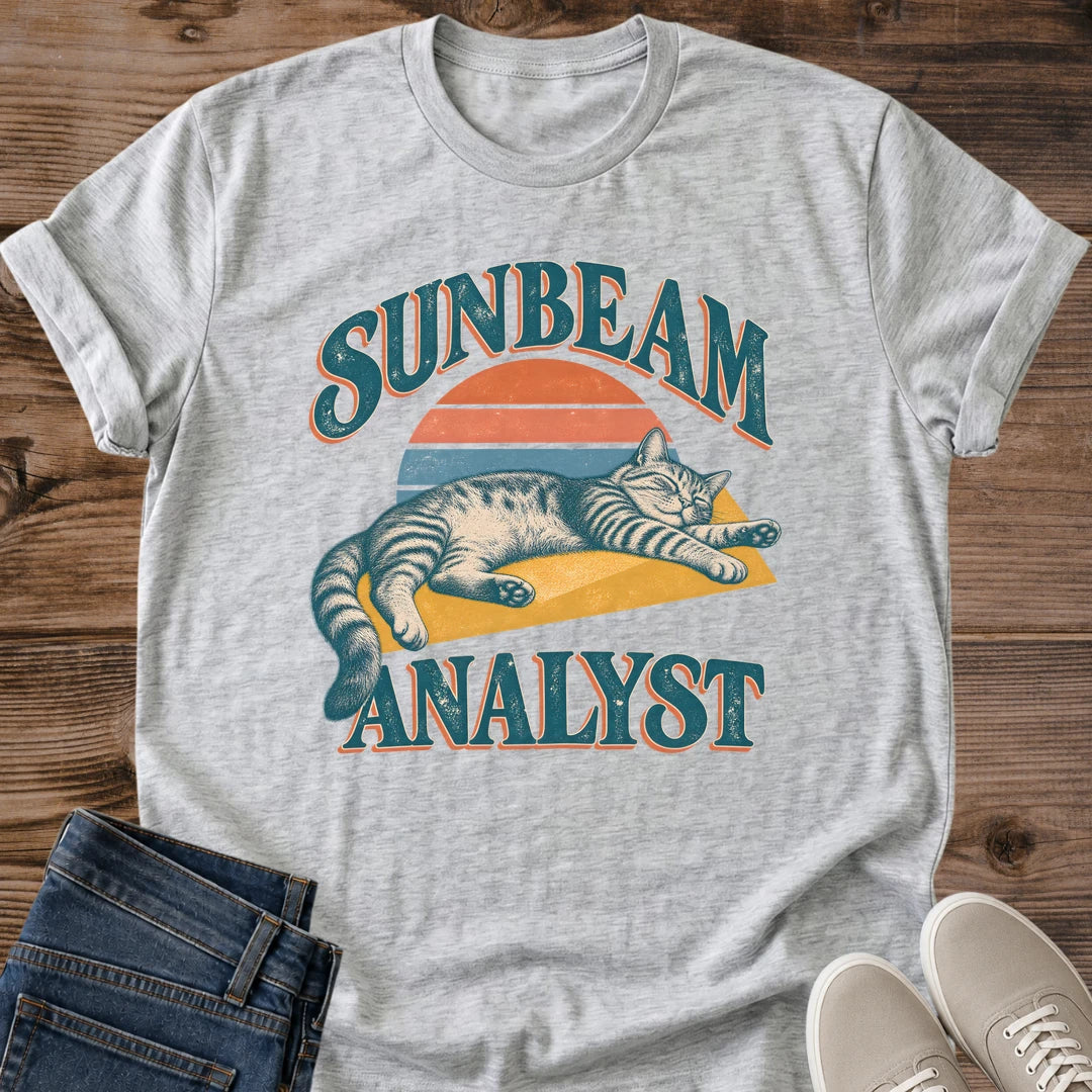 Napping Cat Shirt Sunbeam Analyst Tee Sleepy Tabby Cat Sunbathing Illustration Retro Sunset Stripes Graphic Funny Cat Job Title Shirt Cat Owner Gift For Her Cat Dad Shirt Nap Lover Tee Soft Cotton Unisex Shirt Cat Whisker Co