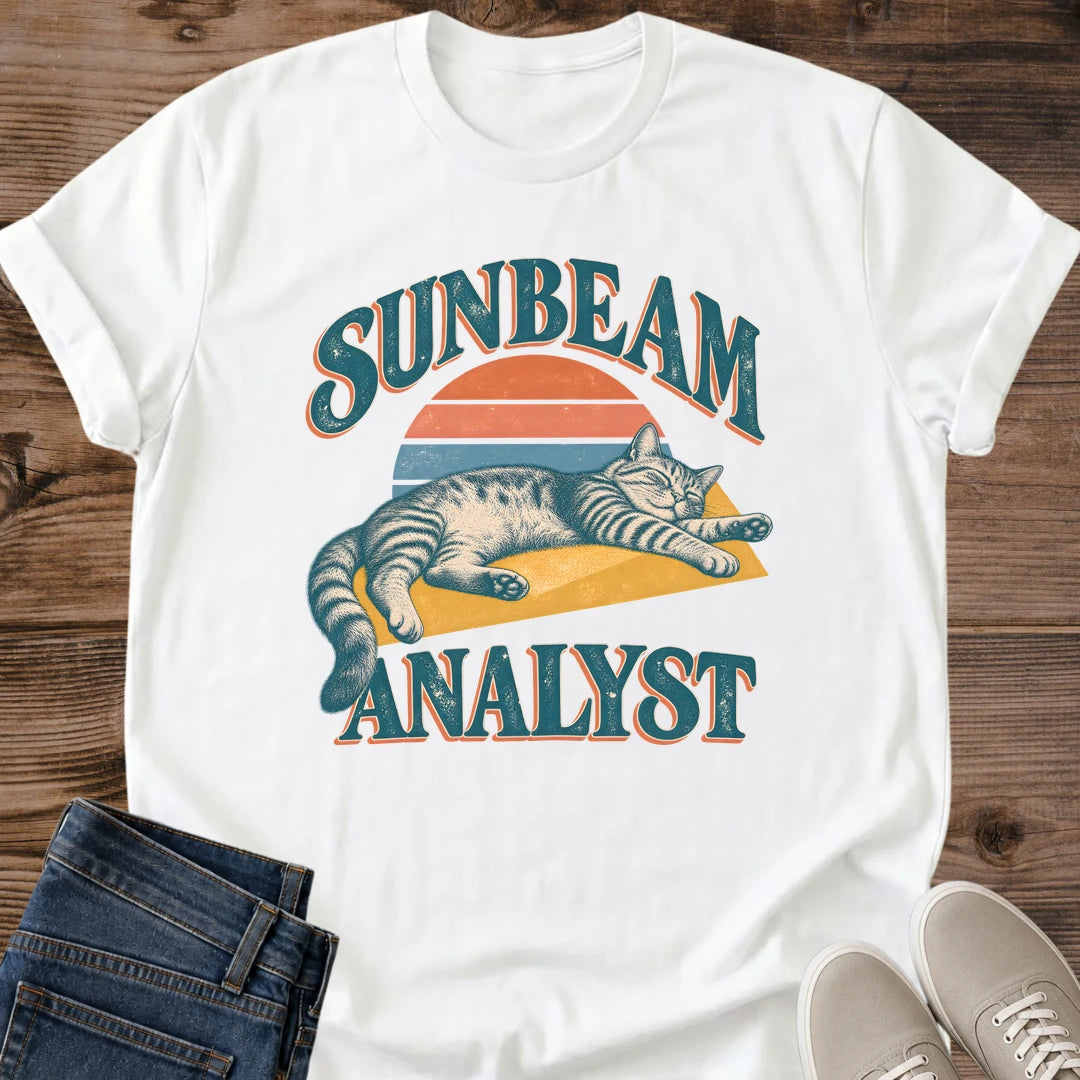 Funny Cat Mom Shirt Sunbeam Analyst Retro Cat Tee Tabby Cat Nap Graphic Vintage Sunset Cat Design Cat Humor Shirt For Women And Men Cat Dad Gift Holiday Gift For Cat Owner Work From Home Cat Tee Soft Cotton Unisex Tee Cat Whisker Co