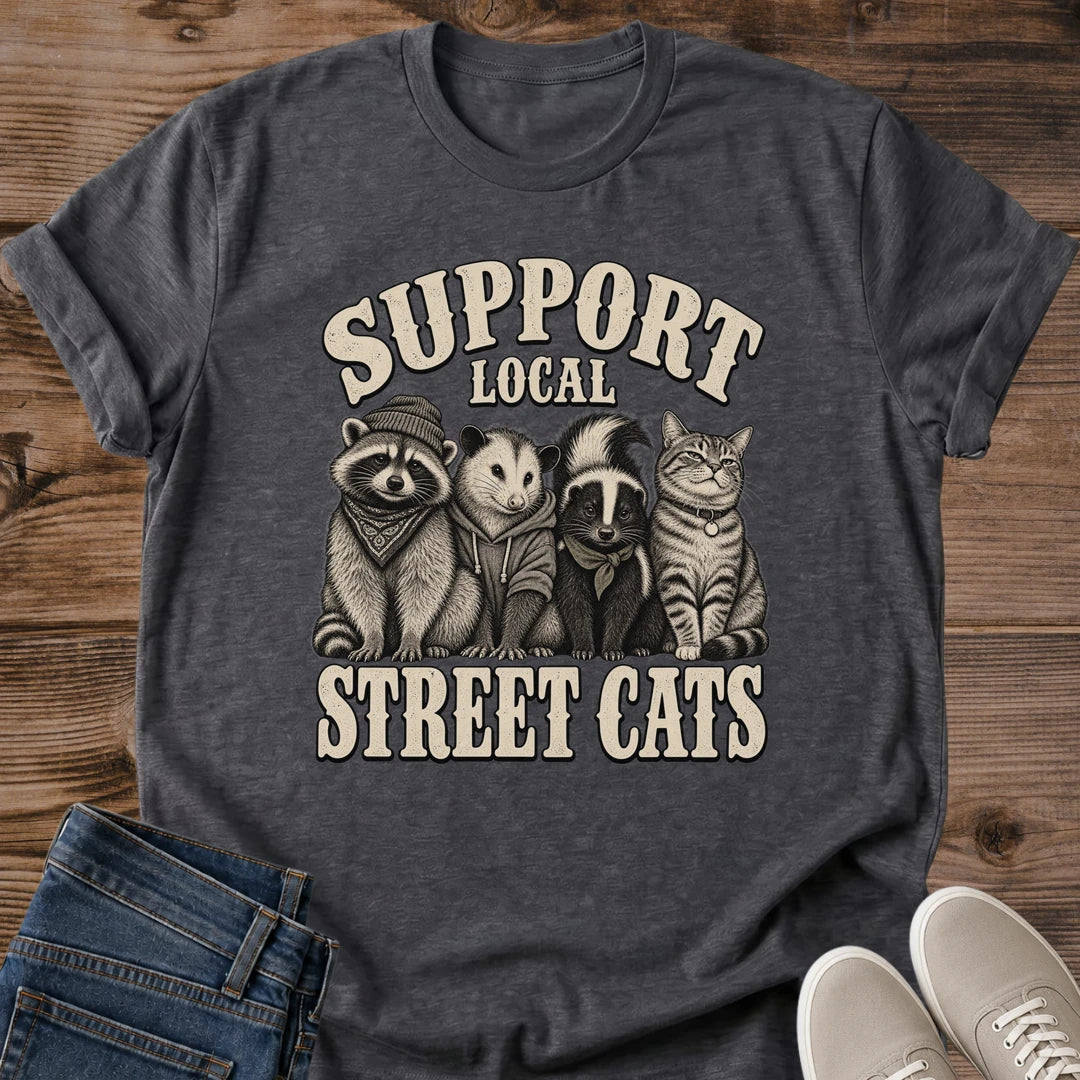 Street Cats Shirt Support Local Tee Four Scrappy Night Critters In Bandanas Illustration Bold Arched Lettering Funny Cat Dad Shirt Cat Owner Gift For Her Backyard Wildlife Humor Tee Soft Cotton Unisex Shirt Cat Whisker Co